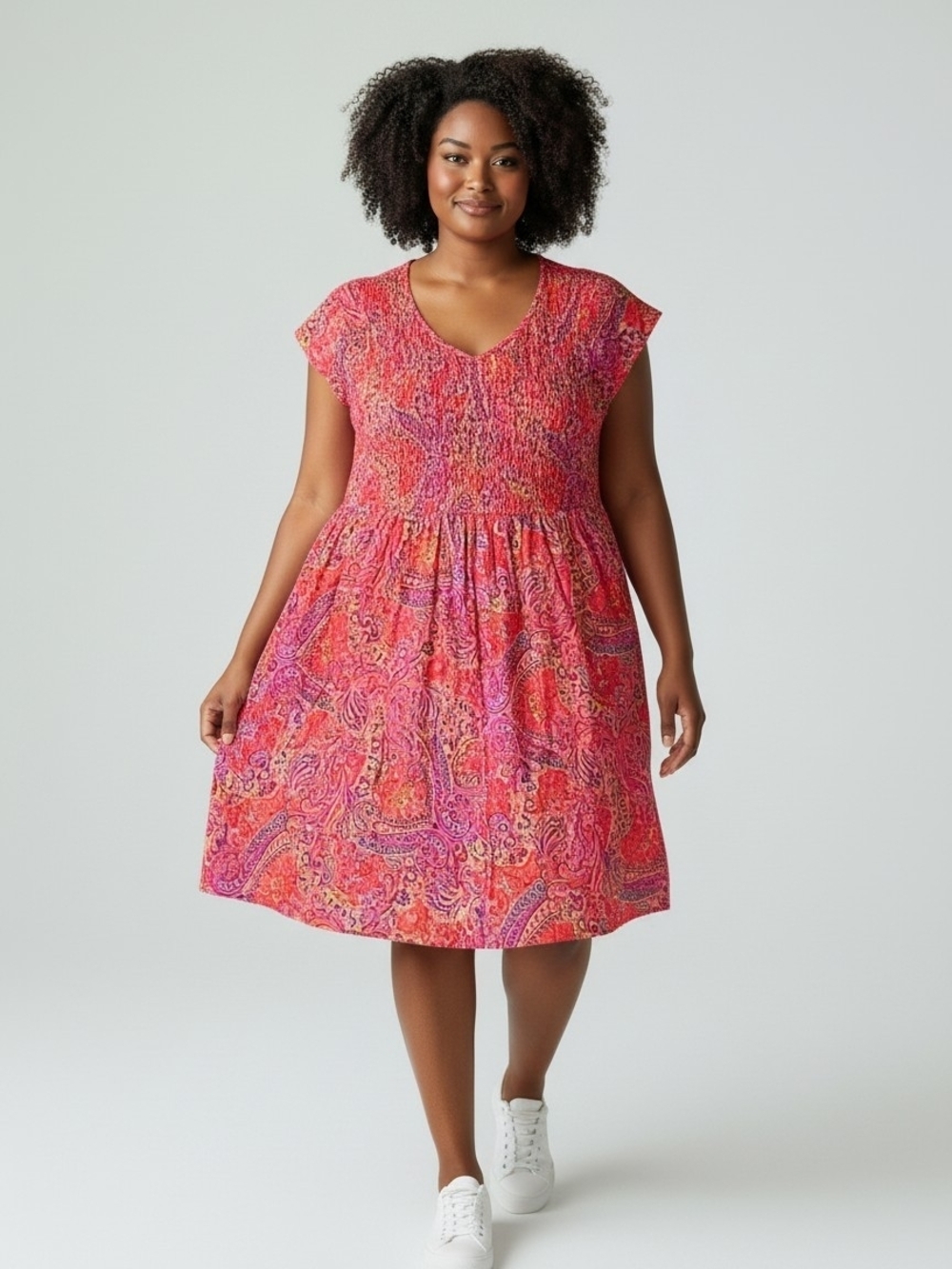 Metropolitan Flutter Sleeve Pink Paisley Midi Dress with Smocked Bodice Size 3X